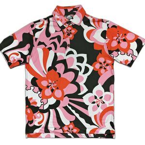 MANUHEALI’I Floral Hawaiian Polo Shirt Aloha Tropical Colorful Bright Peony Sz S